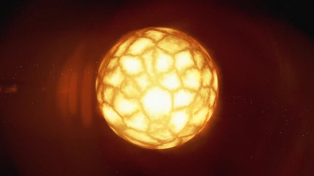 Carbon Star
Animation of a rare carbon star glowing intensely with a reddish-orange hue in deep space. 