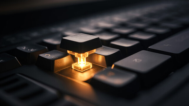 Macro view of mechanical keyboard with one keycap removed and glowing yellow light.