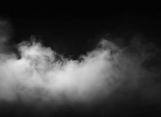 Fototapeta premium Dark fog and smoke overlay drifting across a black background, creating a soft atmospheric mist texture with moody contrast and cinematic copy space.