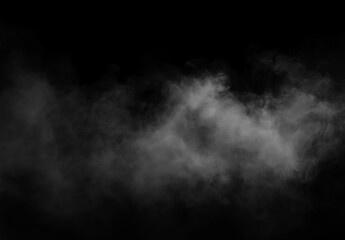 Fototapeta premium Dark fog and smoke overlay drifting across a black background, creating a soft atmospheric mist texture with moody contrast and cinematic copy space.