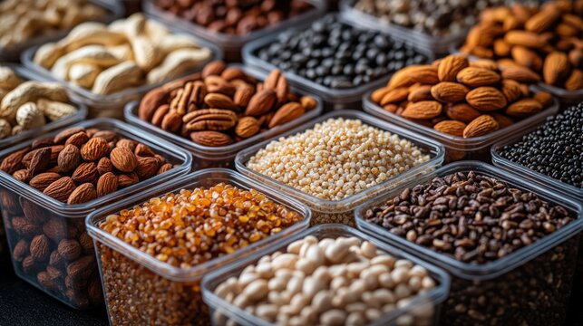 Assorted healthy nuts, seeds, and legumes displayed in plastic containers for bulk sale.