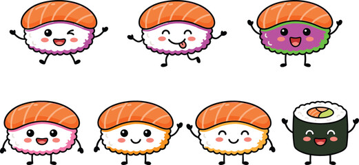 Cute Kawaii Sushi Character Vector Set Featuring Salmon Nigiri and Maki Roll Illustrations with Funny Happy Expressions © mdferozhossain