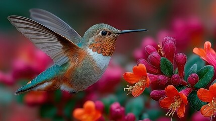 Fototapeta premium A vibrant hummingbird hovering near bright orange and pink flower clusters.