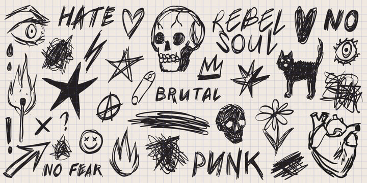 Chalk punk scribble doodle elements set for posters, social media. Handwritten text doodle stickers. Rough emotional hand drawn ball pen sketch grunge freehand pencil drawings for scrapbook, notes.