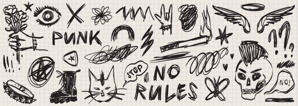 Chalk punk scribble doodle elements set for posters, social media. Handwritten text rough stickers. Messy emotional hand drawn ball pen sketch grunge freehand pencil drawings for scrapbook, notes.