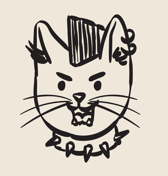 Chalk or ink punk cat doodle element for t-shirt prints, social media sticker. Kitten with emotional face in hand drawn ball pen sketch grunge freehand pencil drawing style for scrapbook, notes.