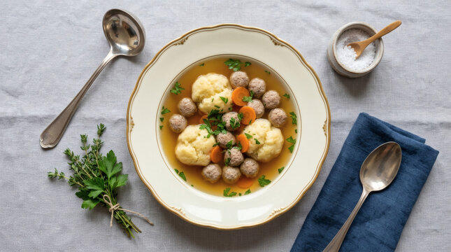 Danish Chicken Soup Honsekoedssuppe with Dumplings Flat Lay on Linen Tablecloth