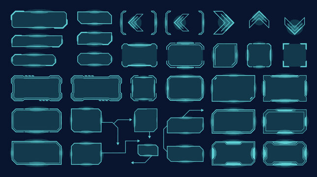 A futuristic interface displays glowing blue rectangles and arrows on a dark screen.
