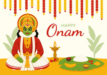 Naklejka premium Festive banner for the traditional Indian festival of Onam with King Mahabali, food on banana leaves and a flower garland