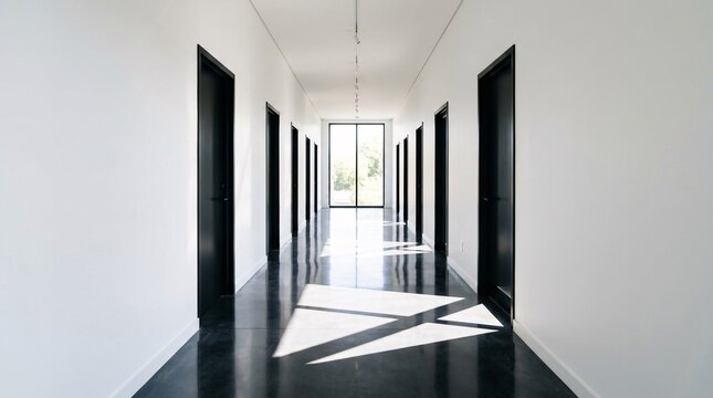 Completely empty minimalist hallway featuring pristine white walls and elegant matte black doors, dramatic sunlight casting sharp shadows.