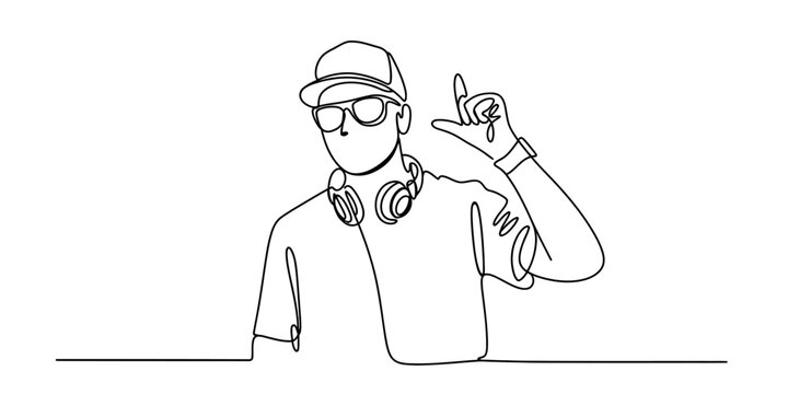 Man wearing headphones and cap pointing finger illustration.