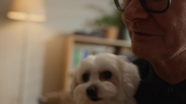 Closeup of grey haired man sitting on sofa and showing affection to small white Maltese dog with cozy apartment in blurred background