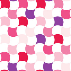 Bezszwowy wzór geometryczny z falującą szachownicą – różowy, czerwony i fioletowy, styl retro op-art © Monika