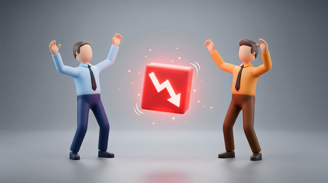Concept of economic recession with 3D businessmen reacting to glowing downward red arrow