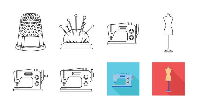 Collection of sewing and tailoring icons including thimbles, pincushions, sewing machines, and fashion mannequins.