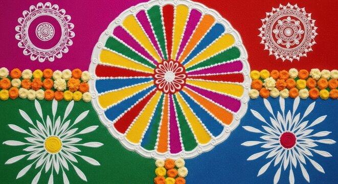 Vibrant Indian Rangoli Art Festival Celebration Colorful Patterns.