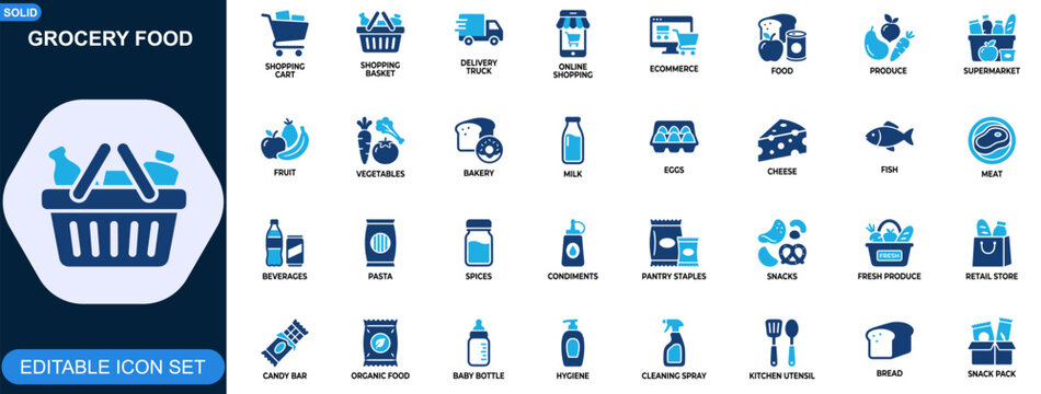Grocery food vector icon set for supermarket and online shopping platforms. Delivery, produce, meat, dairy, beverages, pantry staples, organic products. Editable icons collection. Vector.