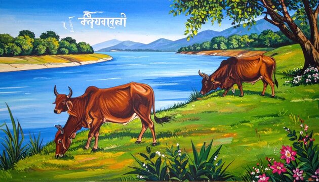 Vibrant Indian Rural Landscape with Cows Grazing by a Serene River.