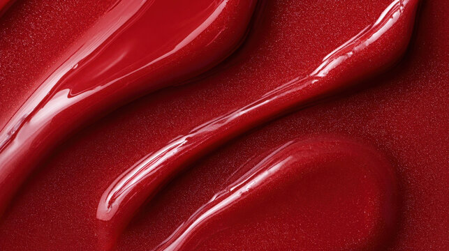 Macro texture of glossy metallic red paint liquid background with shimmering glitter swirls abstract smooth wave patterns of luxurious crimson cosmetic lip gloss or automotive coating lacquer