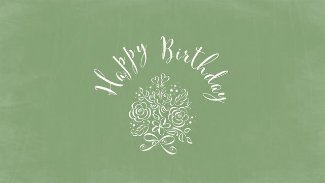 Happy Birthday - Floral Arch Text Animation on Rustic Sage Green Chalkboard