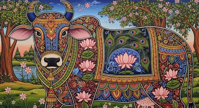 Vibrant Indian Sacred Cow adorned with intricate floral patterns and lotus motifs.