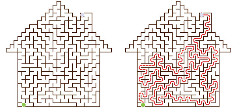House-shaped labyrinth puzzle in minimalist brown lines representing brain training and logic game in dark colors
