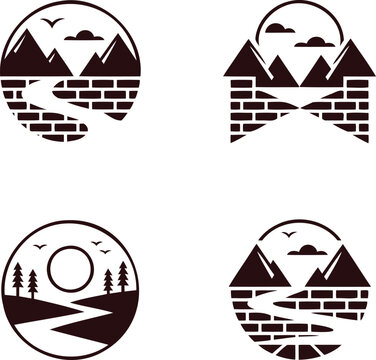 Set of four circular landscape icons with mountains trees river and brick wall elements