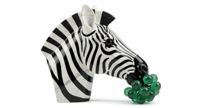 Decorative zebra head sculpture, black and white, green glass beads