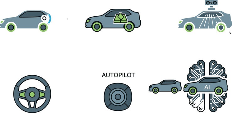 Autonomous Car Technology Icon Set Vector Illustration With Autopilot Sensors Steering Wheel And Artificial Intelligence Symbols