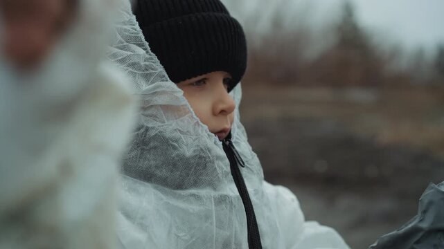 White child testing gas mask and coverall on barren shore, closeup of cautious hands fastening filter disposable hood, windswept debris field, tense evacuation rehearsal with quiet determination,