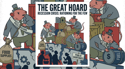 Illustration of cartoon men hoarding money and food during a recession crisis with a mix of industrial and financial elements. © Andin