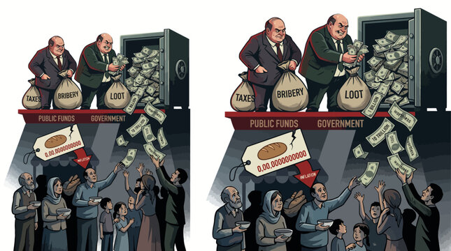 Illustration of wealthy businessmen sitting on bags of money above a crowd of people reaching up for public funds in a conceptual artwork with a stark contrast between wealth and poverty.