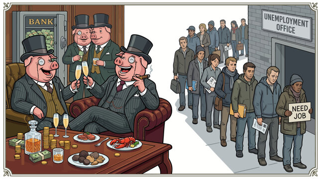 Cartoon illustration of wealthy men in top hats enjoying food and drink while unemployed people line up outside an unemployment office.
