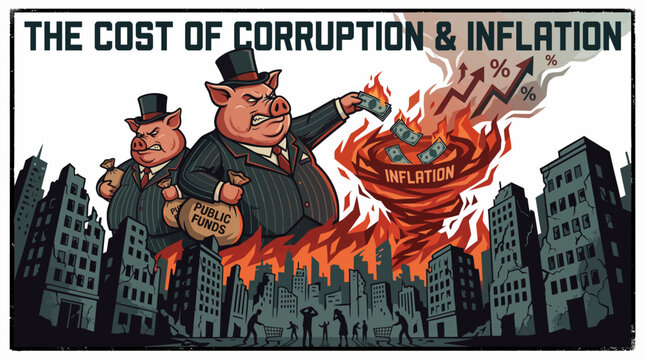 Cartoon illustration of two pig-suited businessmen standing on a city skyline with flames and inflation rising behind them.