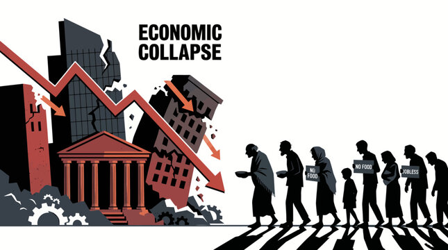 Illustration of people walking in front of a cityscape with a crashing economy graph and a bank building in the background with a white background.