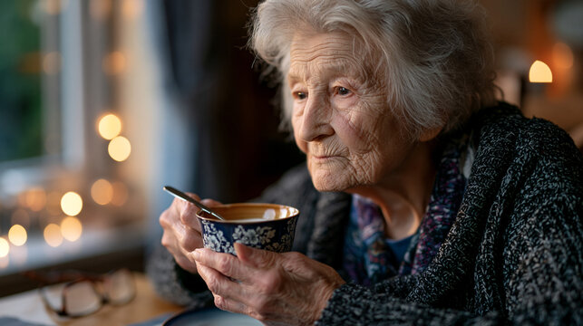 Elderly woman at modest dining table eating single cup of plain yogurt at 6pm, last meal of the day, intermittent fasting daily close window ritual, reading glasses beside her, unhurried solitary do