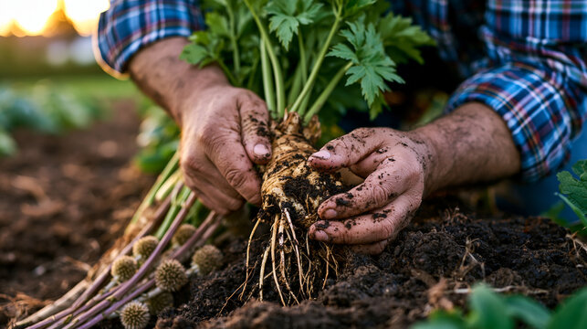 Farmer harvesting chicory root and burdock in open field at sunrise, prebiotic vegetable cultivation, outdoor nature setting, soil on hands, connection between earth and gut health, World Population
