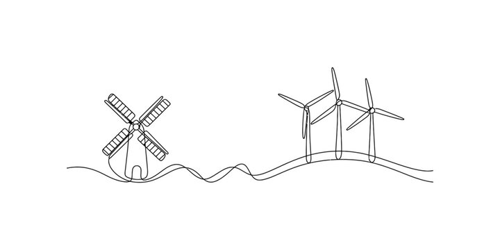 Traditional windmill and modern wind turbines on rolling hills, simple line art Vector, illustration