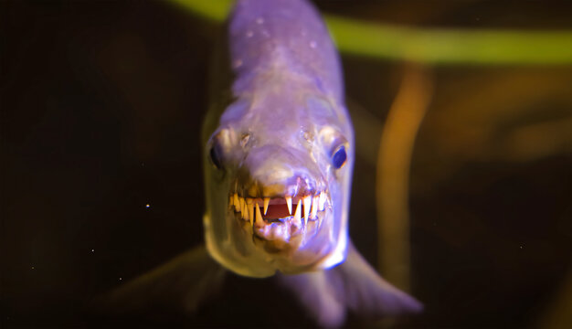Menacing Piranha Fish Close-Up Showing Sharp Teeth and Fangs in Dark Underwater Environment