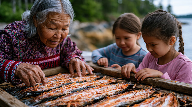 Indigenous Alaskan elder teaching grandchildren to clean and dry wild salmon on outdoor wooden rack, coastal nature setting, omega-3 rich traditional food harvesting, intergenerational knowledge tra