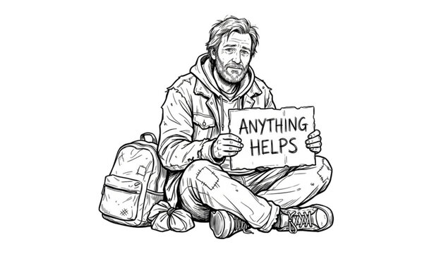 Anything helps homeless sign sketch vector illustration isolated on white background
