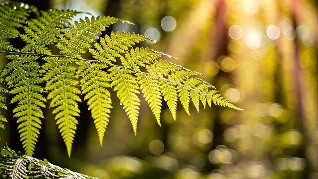 Lush green fern leaf gently moving in sunlit forest. Soft golden bokeh, vibrant spring foliage and natural woodland atmosphere. Wellness, eco branding, meditation and peaceful nature flora video loops