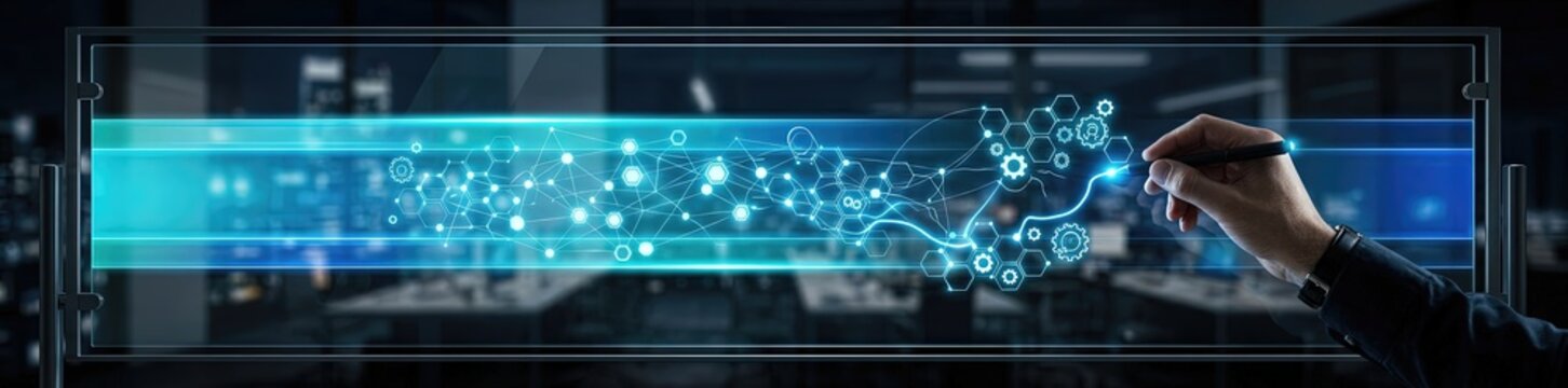 Innovative technology action demonstration modern office digital content high-tech environment close-up viewpoint data visualization and interaction concept