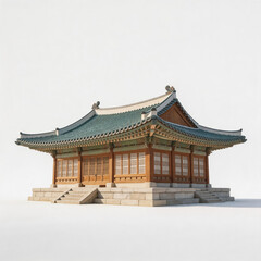 Obraz premium A 3D rendered traditional East Asian wooden hall building sits on a stone platform, isolated on a plain white background.