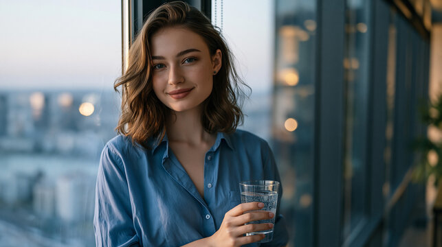 Office worker in glass high-rise skipping 9am team snack meeting, standing alone at floor-to-ceiling window with sparkling water, intermittent fasting window maintained in professional social settin