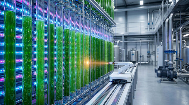 Automated optical scanner on vertical photobioreactor measuring density of green microalgae with amber laser for sustainable biotech business and cellular agriculture innovation
