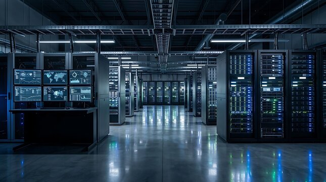A spacious server room with numerous rows of rack servers and data storage units lined up on a polished floor.