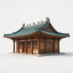 Obraz premium A 3D rendered traditional East Asian wooden hall building with green glazed tile roof, ridge ornaments, and classic wooden joinery structure on a plain white background.