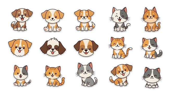 Collection of Cute Cartoon Dog and Cat Faces for Kids and Pet Themes.