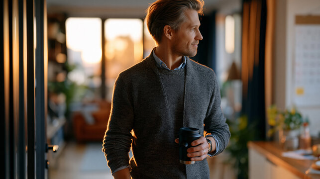 Slim young professional leaving empty apartment at 7am with only black coffee thermos, noting fasting start time on wall calendar, minimalist morning routine, intermittent fasting lifestyle integrat